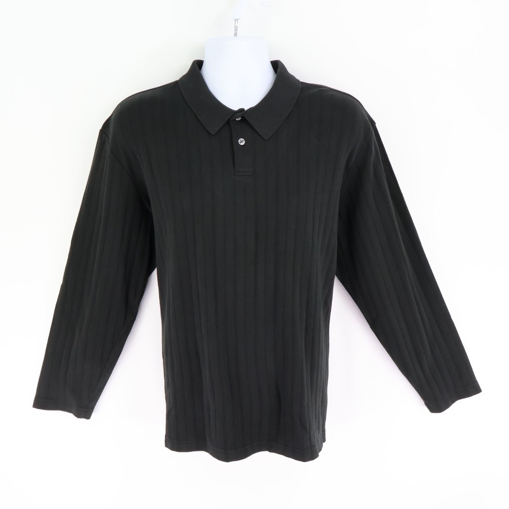 Alfani Long Sleeve Polo Shirt Mens Sz XL Black Striped 100% Cotton Stretch Soft